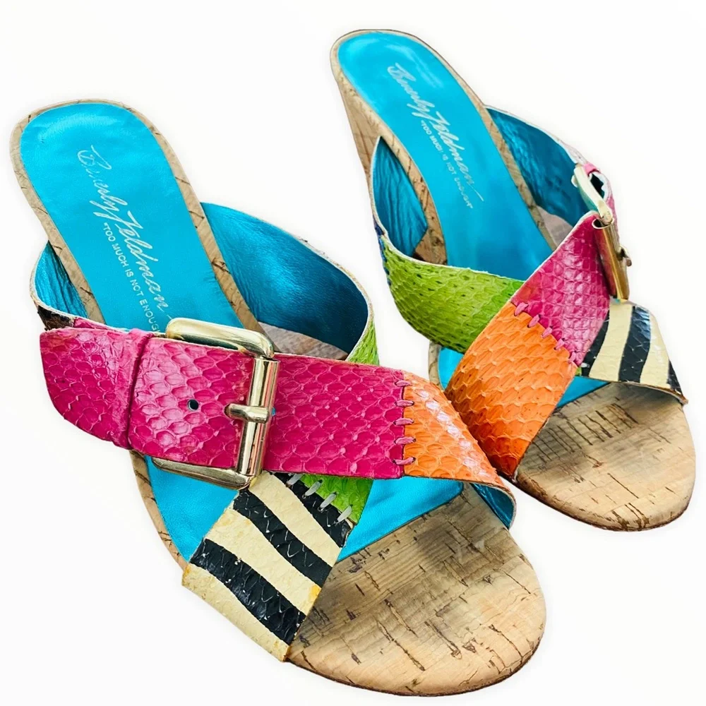 Beverly Feldman 80’s Karena Mixed Print Colorful Belted Cork Wedges‎ Size 7